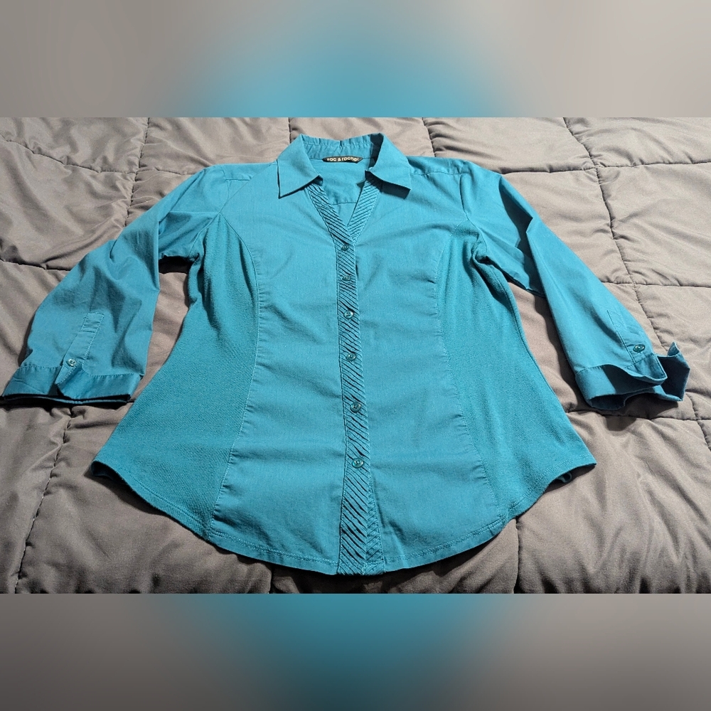 ZAC & RACHEL Women's Teal Blue Button-Up Shirt Size Large 3/4 Length Sleeves